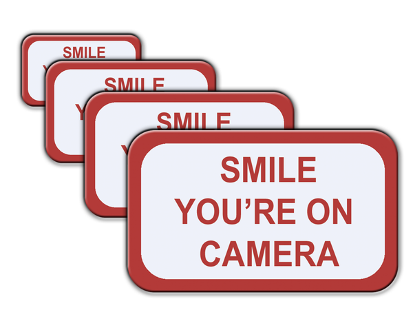 Smile You're on Camera Stickers (4 Pack), Home Security Stickers for House Business, Camera Warning Sign Outdoor/Indoor, Easy Peel and Stick Sticker