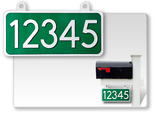 Hanging, double-sided, reflective mailbox house address numbers sign, rectangular shape